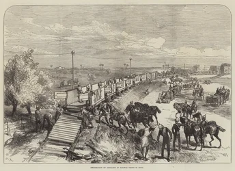 Einschiffung der Artillerie in Eisenbahnzüge in Indien